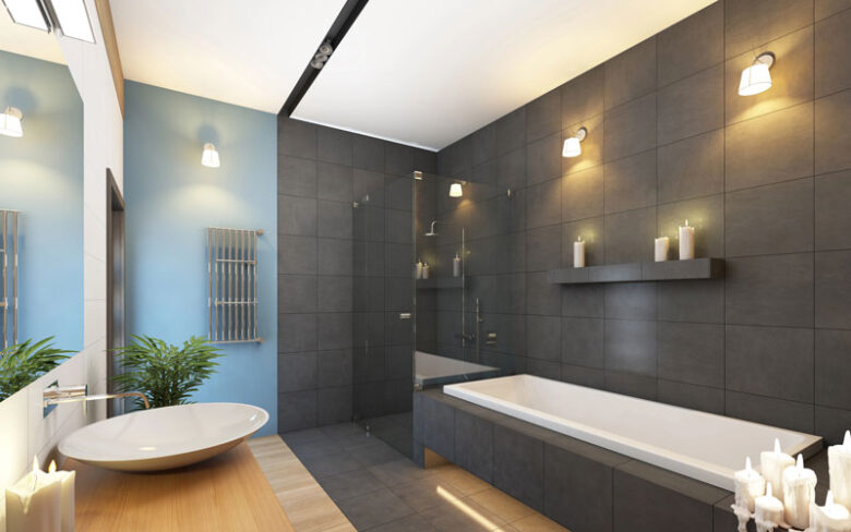 Modern bathroom remodel in Miramar with dark gray tile accent wall